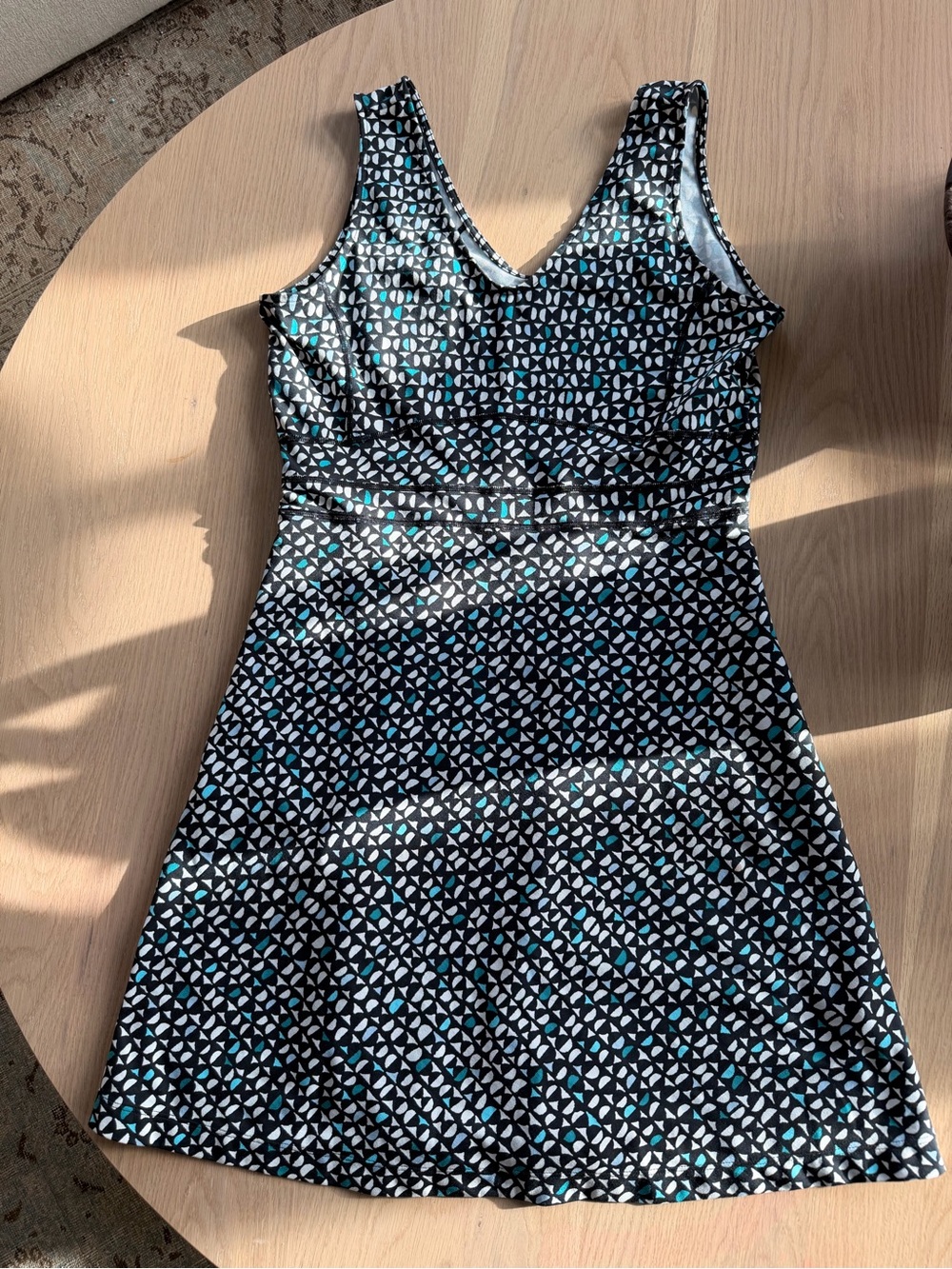 Title Nine Dream Dress with Black, Teal and White Geometric Print